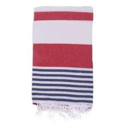 Fouta Futée Décoration De Jardin Fouta 100% Coton Avec Franges Marine Et Rouge 100x170cm