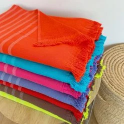 Le Comptoir De La Plage Accessoires Et Serviettes De Plage  Fouta Doublée éponge Avec Franges Alanya Orange Corail 90x160 -Gants de toilette Soldes fouta doublee eponge avec franges alanya orange corail 90x160 4