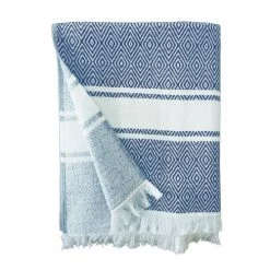 Le Comptoir De La Plage Accessoires Et Serviettes De Plage  Fouta Doublée éponge Avec Franges Bleue Marine Chevron 90x160