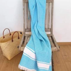 Le Comptoir De La Plage Accessoires Et Serviettes De Plage  Fouta Doublée éponge Avec Franges Turquoise Chevron 90x160 -Gants de toilette Soldes fouta doublee eponge avec franges turquoise chevron 90x160 3
