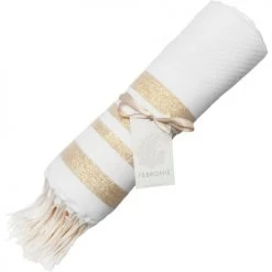 Febronie Décoration De Jardin Fouta En Coton 100x200 Blanc Et Or -Gants de toilette Soldes fouta en coton 100x200 blanc et or 3