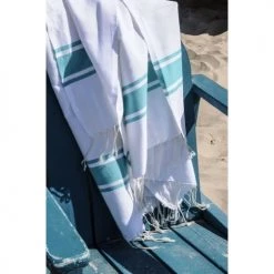 Febronie Décoration De Jardin Fouta En Coton 100x200 Blanc Et Vert Turquoise -Gants de toilette Soldes fouta en coton 100x200 blanc et vert turquoise 2