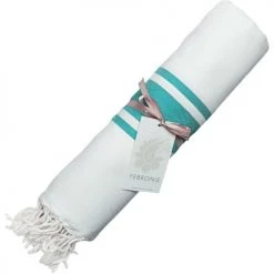 Febronie Décoration De Jardin Fouta En Coton 100x200 Blanc Et Vert Turquoise -Gants de toilette Soldes fouta en coton 100x200 blanc et vert turquoise 3