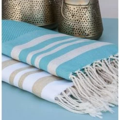 Febronie Décoration De Jardin Fouta En Coton 100x200 Vert Turquoise Et Argent -Gants de toilette Soldes fouta en coton 100x200 vert turquoise et argent 3