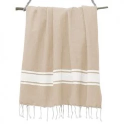 Febronie Décoration De Jardin Fouta En Coton Bande Blanche 100x200 Beige -Gants de toilette Soldes fouta en coton bande blanche 100x200 beige 1