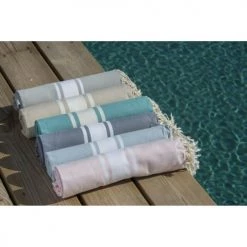 Febronie Décoration De Jardin Fouta En Coton Bande Blanche 100x200 Beige -Gants de toilette Soldes fouta en coton bande blanche 100x200 beige 2