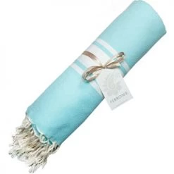 Febronie Décoration De Jardin Fouta En Coton Bande Blanche 100x200 Bleu Aqua -Gants de toilette Soldes fouta en coton bande blanche 100x200 bleu aqua 3