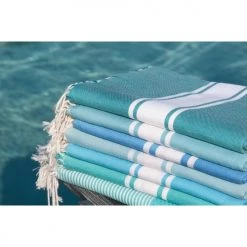 Febronie Décoration De Jardin Fouta En Coton Bande Blanche 100x200 Bleu Aqua -Gants de toilette Soldes fouta en coton bande blanche 100x200 bleu aqua 5