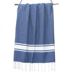 Febronie Décoration De Jardin Fouta En Coton Bande Blanche 100x200 Bleu Grec -Gants de toilette Soldes fouta en coton bande blanche 100x200 bleu grec 2