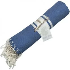 Febronie Décoration De Jardin Fouta En Coton Bande Blanche 100x200 Bleu Grec -Gants de toilette Soldes fouta en coton bande blanche 100x200 bleu grec 3
