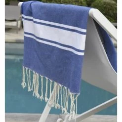 Febronie Décoration De Jardin Fouta En Coton Bande Blanche 100x200 Bleu Grec -Gants de toilette Soldes fouta en coton bande blanche 100x200 bleu grec 5