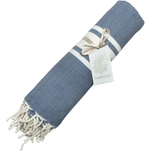 Febronie Décoration De Jardin Fouta En Coton Bande Blanche 100x200 Bleu Jean 5 Febronie Décoration De Jardin Fouta En Coton Bande Blanche 100x200 Bleu Jean – Image 3