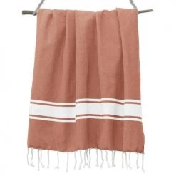 Febronie Décoration De Jardin Fouta En Coton Bande Blanche 100x200 Terracotta -Gants de toilette Soldes fouta en coton bande blanche 100x200 terracotta 1