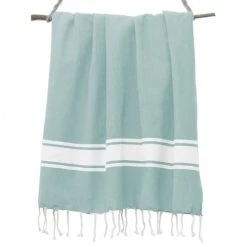 Febronie Décoration De Jardin Fouta En Coton Bande Blanche 100x200 Vert D'eau -Gants de toilette Soldes fouta en coton bande blanche 100x200 vert d eau 1