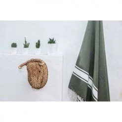 Febronie Décoration De Jardin Fouta En Coton Bande Blanche 100x200 Vert Kaki -Gants de toilette Soldes fouta en coton bande blanche 100x200 vert kaki 2