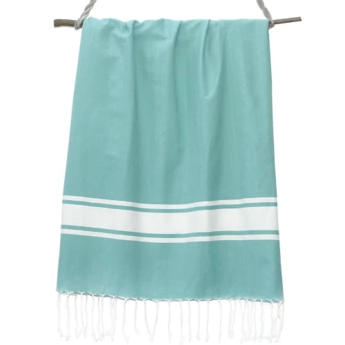 Febronie Décoration De Jardin Fouta En Coton Bande Blanche 100x200 Vert Turquoise 4 Febronie Décoration De Jardin Fouta En Coton Bande Blanche 100x200 Vert Turquoise – Image 2