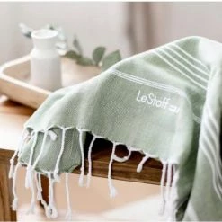 LeStoff France Accessoires Et Serviettes De Plage  Fouta En Coton Peigné BIO Olive 95 X 180 Cm -Gants de toilette Soldes fouta en coton peigne bio olive 95 x 180 cm 3