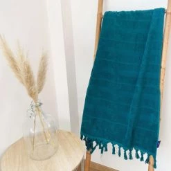 Le Comptoir De La Plage Accessoires Et Serviettes De Plage  Fouta Hammam éponge Bouclette Bleu Canard 150 X 180 -Gants de toilette Soldes fouta hammam eponge bouclette bleu canard 150 x 180 2