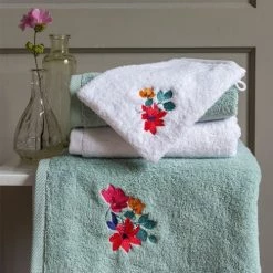 Carré Blanc Serviettes De Toilette Gant De Toilette Coton Brodé Fleurs Blanc -Gants de toilette Soldes gant de toilette coton brode fleurs blanc 4