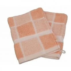 Linandelle Serviettes De Toilette Lot De 2 Gants De Toilette Carreaux En Coton Saumon 15x21 Cm
