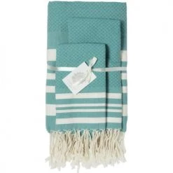 Febronie Décoration De Jardin Lot De 3 Foutas 100x200 + 50x80 (x2) Aqua Et Blanc -Gants de toilette Soldes lot de 3 foutas 100x200 50x80 x2 aqua et blanc 5