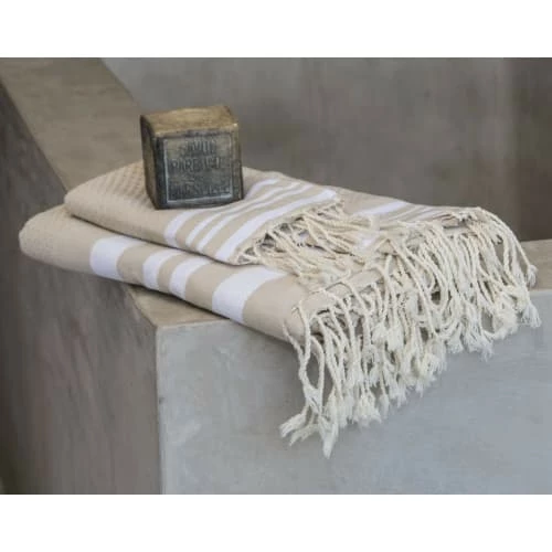 Febronie Décoration De Jardin Lot De 3 Foutas 100x200 + 50x80 (x2) Beige Et Blanc 4 Febronie Décoration De Jardin Lot De 3 Foutas 100x200 + 50x80 (x2) Beige Et Blanc – Image 2