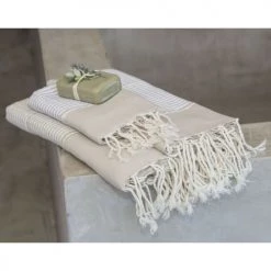 Febronie Décoration De Jardin Lot De 3 Foutas 100x200 + 50x80 (x2) Beige Et Or -Gants de toilette Soldes lot de 3 foutas 100x200 50x80 x2 beige et or 1