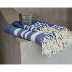 Febronie Décoration De Jardin Lot De 3 Foutas 100x200 + 50x80 (x2) Bleu Grec Et Blanc -Gants de toilette Soldes lot de 3 foutas 100x200 50x80 x2 bleu grec et blanc 7