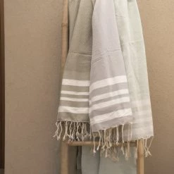 Febronie Décoration De Jardin Lot De 3 Foutas 100x200 + 50x80 (x2) Gris Perle Et Blanc -Gants de toilette Soldes lot de 3 foutas 100x200 50x80 x2 gris perle et blanc 5