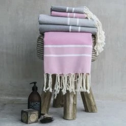 Febronie Décoration De Jardin Lot De 3 Foutas 100x200 + 50x80 (x2) Gris Perle Et Blanc -Gants de toilette Soldes lot de 3 foutas 100x200 50x80 x2 gris perle et blanc 8