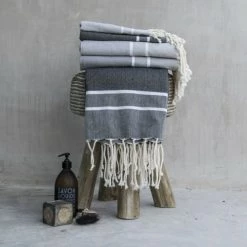 Febronie Décoration De Jardin Lot De 3 Foutas 100x200 + 50x80 (x2) Gris Perle Et Blanc -Gants de toilette Soldes lot de 3 foutas 100x200 50x80 x2 gris perle et blanc 9