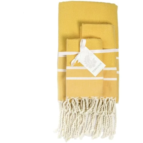 Febronie Décoration De Jardin Lot De 3 Foutas 100x200 + 50x80 (x2) Jaune Safran Et Blanc 3 Febronie Décoration De Jardin Lot De 3 Foutas 100x200 + 50x80 (x2) Jaune Safran Et Blanc