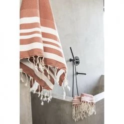 Febronie Décoration De Jardin Lot De 3 Foutas 100x200 + 50x80 (x2) Terracotta Et Blanc -Gants de toilette Soldes lot de 3 foutas 100x200 50x80 x2 terracotta et blanc 2