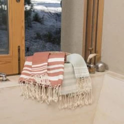 Febronie Décoration De Jardin Lot De 3 Foutas 100x200 + 50x80 (x2) Terracotta Et Blanc -Gants de toilette Soldes lot de 3 foutas 100x200 50x80 x2 terracotta et blanc 4