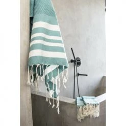 Febronie Décoration De Jardin Lot De 3 Foutas 100x200 + 50x80 (x2) Vert Canard Et Blanc -Gants de toilette Soldes lot de 3 foutas 100x200 50x80 x2 vert canard et blanc 2