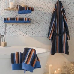 Drouault Peignoirs Et Chaussons De Bain Peignoir Coton M Bleu Foncé Rayé -Gants de toilette Soldes peignoir coton m bleu fonce raye 4