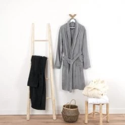Linandelle Peignoirs Et Chaussons De Bain Peignoir éponge Col Chale En Coton Gris Souris M -Gants de toilette Soldes peignoir eponge col chale en coton gris souris m 3